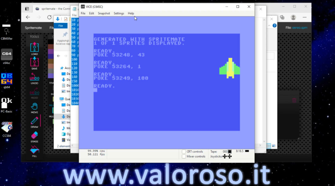 Muovere uno sprite sul monitor del Commodore 64, POKE 53248 53249 53264 coordinate X e Y, 255