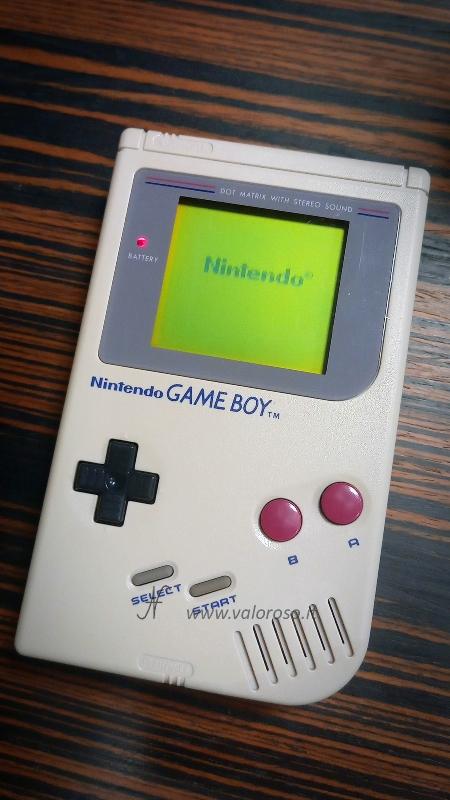 Nintendo logo at startup: clean screen with no vertical lines. Result of Game Boy monitor repair with uniform pixels and correctly adjusted contrast.