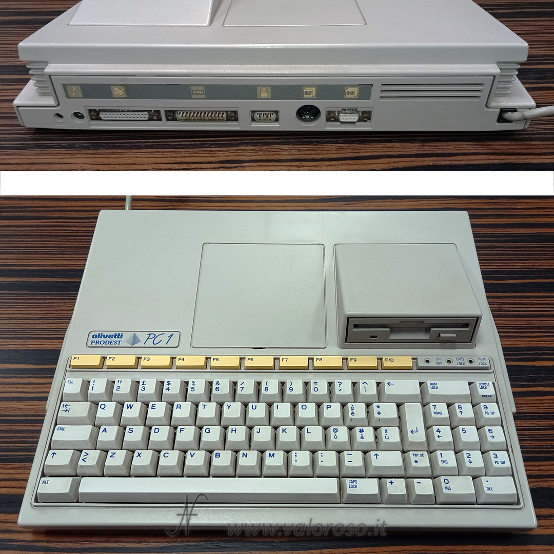 Olivetti Prodest PC1, MSDOS 3.20, Ms-DOS, Olivetti Prodest PC1 specifications CPU: NEC V40 (μPD70208), 16 bit, 4.77 MHz / 8 MHz software selectable ROM: 16 KB RAM: 256 KB / 512 KB, expandable up to 640 KB via bus, my computer has 512 KB Graphics: DIN output for analog TV or monitor, DB9 output for CGA monitor Text mode:  80 columns x 25 rows or 40 columns x 25 rows Graphics mode: 640 x 200 pixels or 320 x 200 pixels Audio: built-in system speaker, audio output jack Keyboard: QWERTY 83 keys, includes function keys and numeric keypad Supplied software: Microsoft MS-DOS version 3.20 Storage media: n. 1 internal floppy disk drive,  3.5", 720 KB (the computer supports up to 2 internal floppy disk drives and also a hard disk) Expansion ports: Hi-Fi audio (jack that, when inserted, excludes the system speaker) Parallel (Centronics) Serial (DB25) Serial (DB9) for mouse Monitor (n. 1 DIN for TV or analog monitor, n. 1 CGA DB9) Expansion bus, IBM compatible,  for external floppy disk drive 5.25", 360 KB In addition to the external floppy disk drive, on the bus you can connect: RAM expansion, LAN, modem, EGA, CD ROM, Telematics adapter, Music Box.