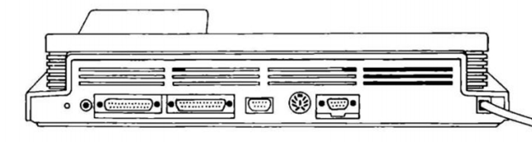 Olivetti Prodest PC1, keyboard and rear ports, serial, parallel, audio, video, CGA