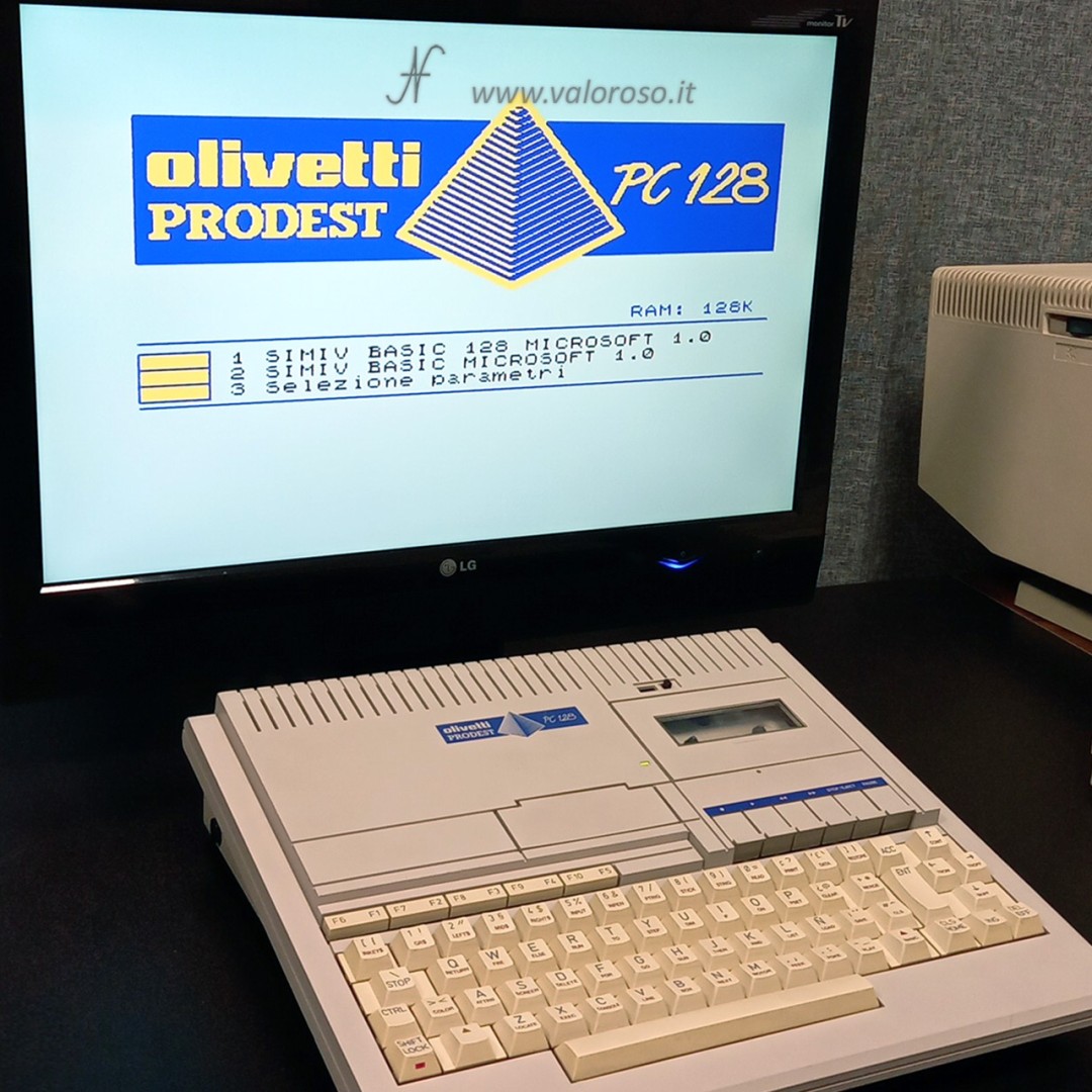 Olivetti Prodest PC128, schermata di avvio, boot screen, home screen, SIMIV MICROSOFT BASIC, selezione parametri