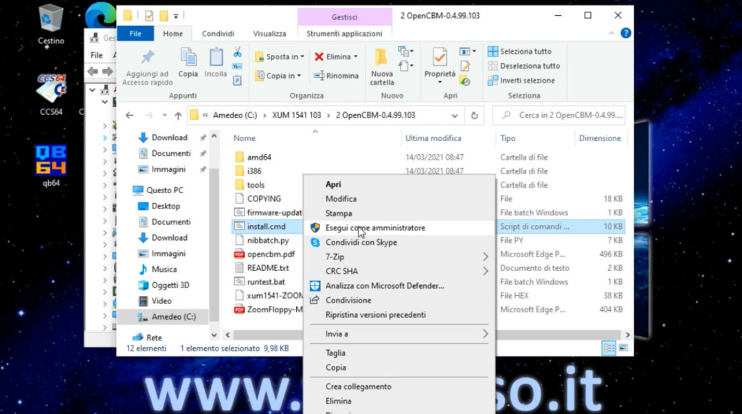 OpenCBM Spiro Trikaliotis XUM1541 installazione Windows 10, eseguire install.cmd come amministratore