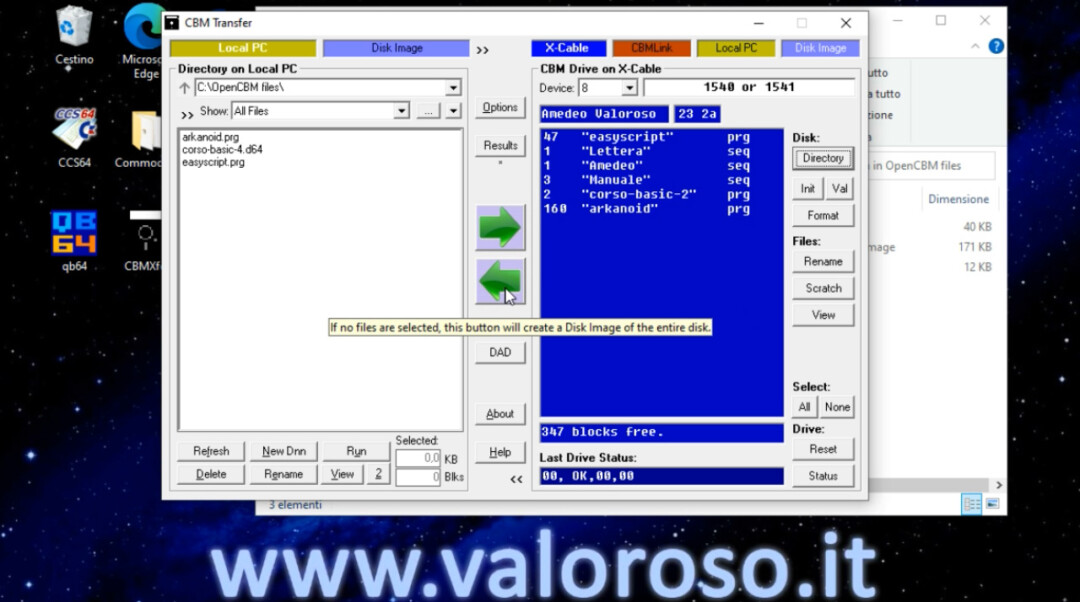 OpenCBM XUM1541 CBMXfer creare file immagine D64 da floppy disk drive Commodore 1541 backup dischetto 5.25 5" 1/4