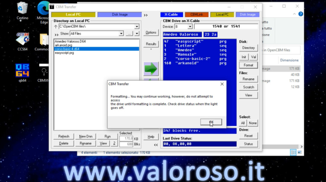 OpenCBM XUM1541 CBMXfer format formattare un floppy disk drive Commodore 1541 CBM inaccessibile, formatting, check the status light goes off