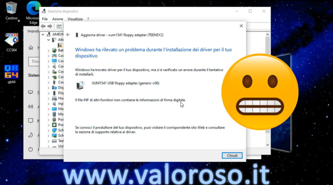 OpenCBM XUM1541 errore installazione driver su Windows 10, firma digitale, impossibile installare i driver, non funziona
