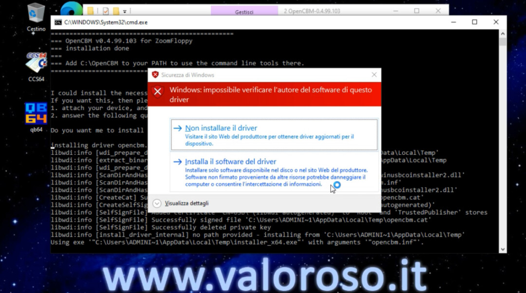 OpenCBM XUM1541 installazione Windows 10, impossibile verificare l'autore, installa software driver