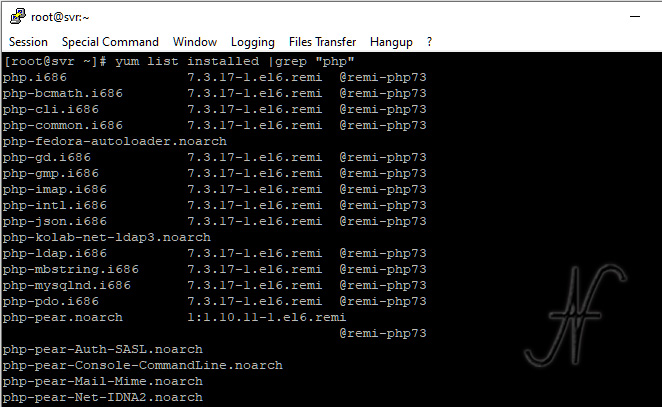 lista dei package PHP, yum list installed |grep "php", PHP7.3