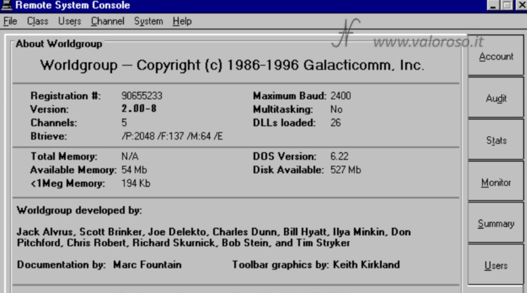 Pangea, Varese civic network, BBS, Worldgroup remote system console, Galacticomm