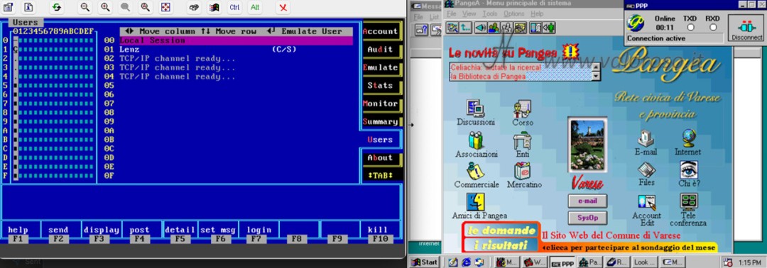 Pangea, Varese civic network, BBS, graphical client and DOS server, Worldgroup, Windows 3.11, MSDOS