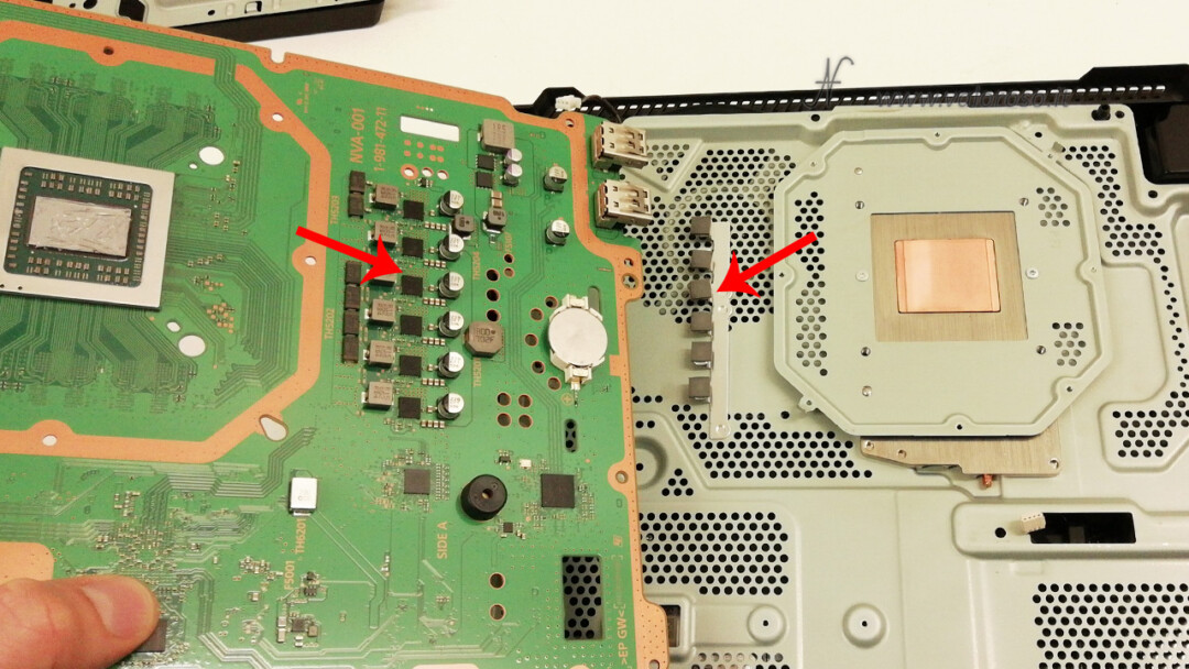 Thermal paste on CPU Sony PlayStation 4 Pro, PS4 Pro, Play Station, Playstation4, paddle thermal chip power voltage regulation