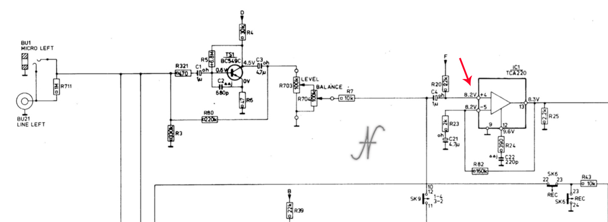 Philips N4504, Aristona EW5504, recording section wiring diagram, voltages