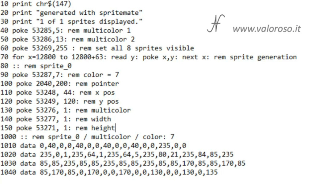 Programma in Basic per il Commodore 64 generato automaticamente da SpriteMate