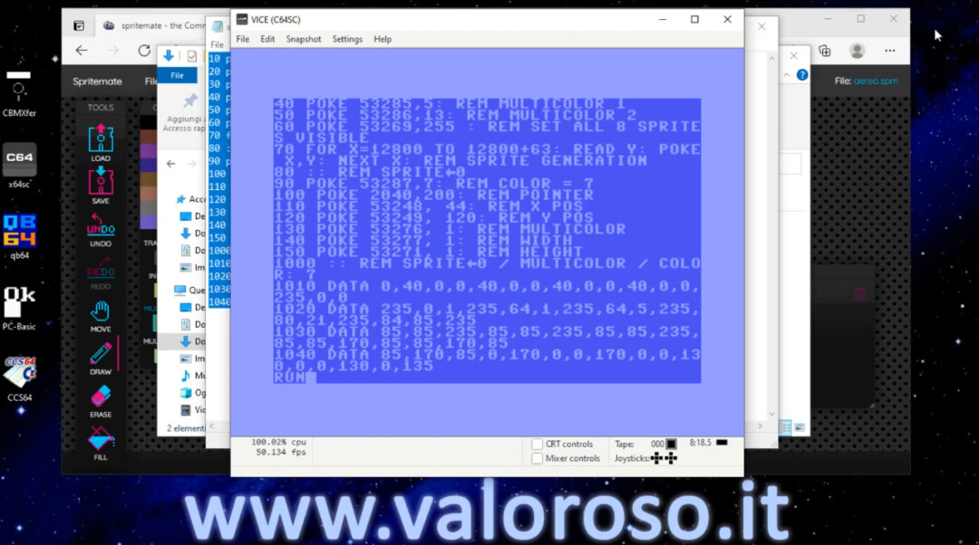 Provare con emulatore VICE il programma in Basic, sprite per il Commodore 64 generato automaticamente da SpriteMate, emulazione sprite a colori Commodore 64