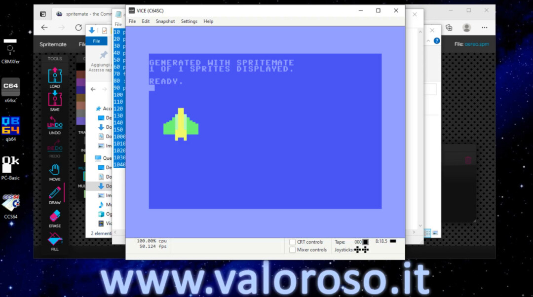 Test the Basic program with the VICE emulator, sprite for the Commodore 64 automatically generated by SpriteMate RUN