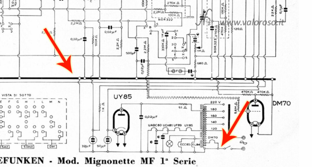 Radio a valvole Telefunken Mignonette MF R210, schema elettrico, telaio collegato alla rete elettrica, collegamenti pericolo folgorazione scossa