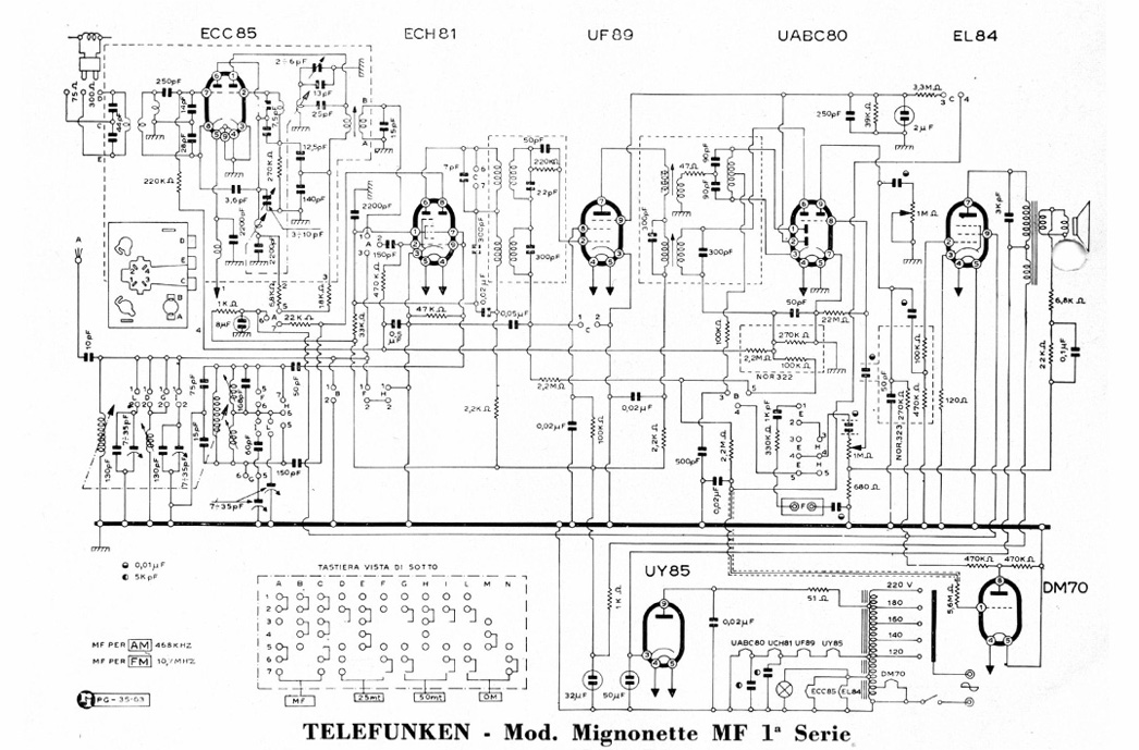 Radio a valvole Telefunken Mignonette MF R210, valvolare vintage, schema elettrico collegamenti componenti, uch81 uy85 ecc85 uf89 eabc80 el84 om70, banda om oc mf onde medie, onde corte, modulazione frequenza FM