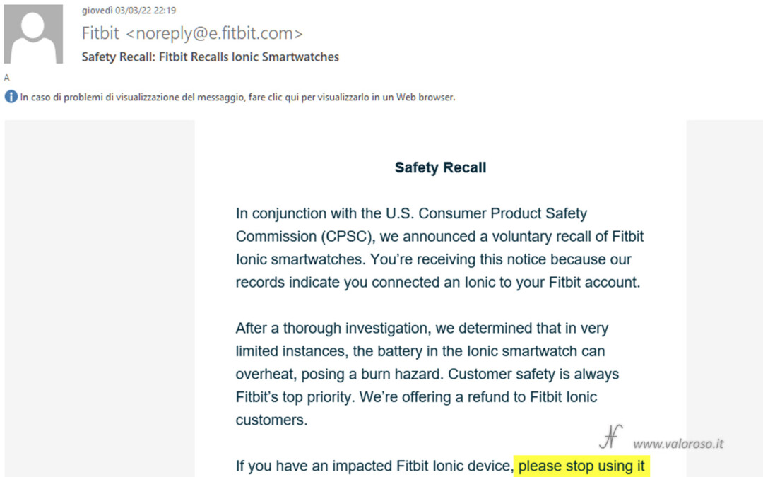 Recall richiamo Smart Watch Fitbit Ionic email recall sicurezza safety problemi, un orologio può esplodere? orologio brucia, smartwatch esplode batteria