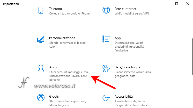 Windows 10, impostazioni, account