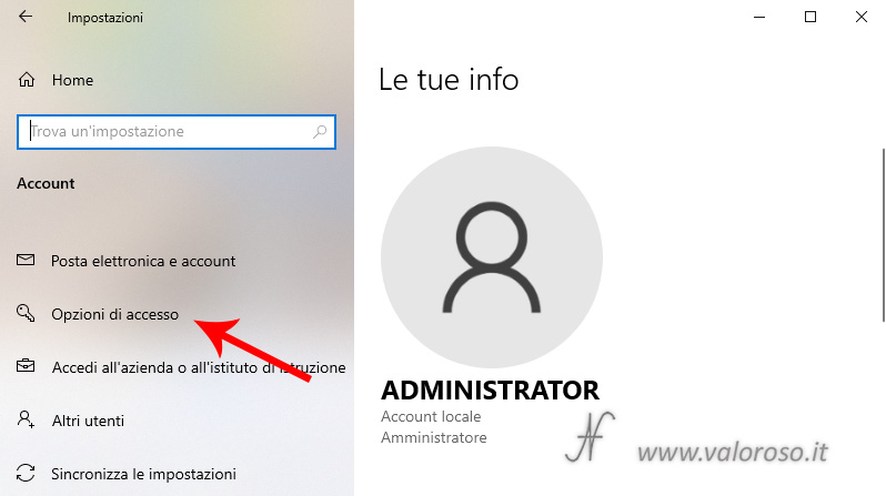 Windows 10, impostazioni, account, opzioni di accesso