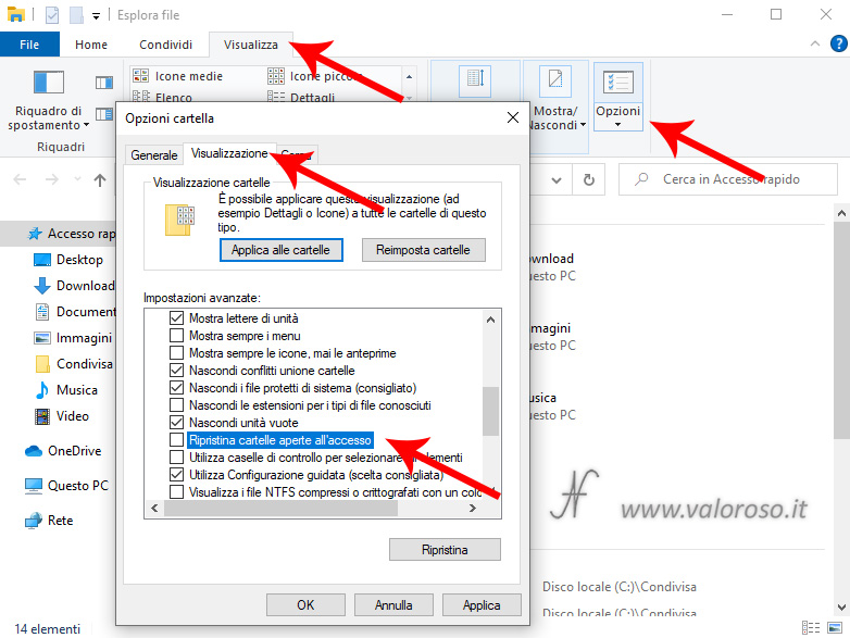 Automatically reopening file explorer start Windows 10 explorer, view, options, folder options, view, restore open folders on access, enable, disable