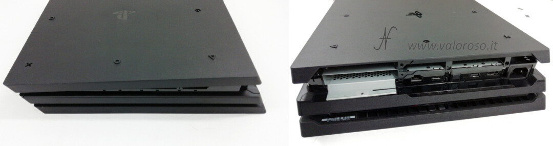 Rimontare montare incastrare coperchio inferiore Sony PlayStation 4 Pro, PS4 Pro, Play Station, Playstation4, connettori posteriori