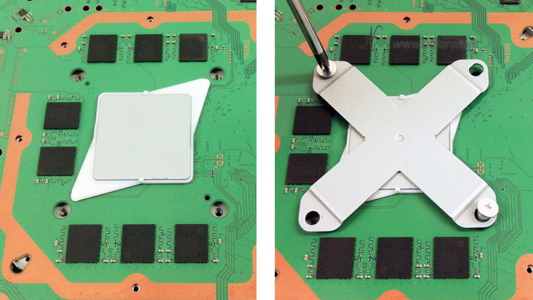 Rimontare montare installare scheda madre mainboard PCB Sony PlayStation 4 Pro, PS4 Pro, Play Station, Playstation4, supporto clamp processore inferiore X, RAM GDDR5