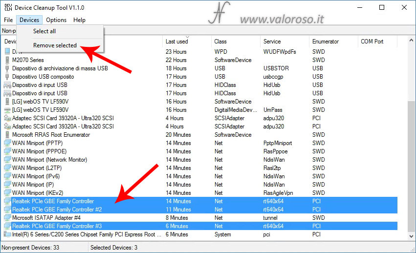 Rimuovere dispositivi inutilizzati, Device Cleanup Tool, DeviceCleanup, disinstalla hardware, schede rete, non presente rimosso, pulizia driver