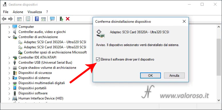 Rimuovere dispositivi inutilizzati, disinstalla hardware, elimina il software driver per il dispositivo, gestione dispositivo, controller SCSI Adaptec Ultra320 39320A