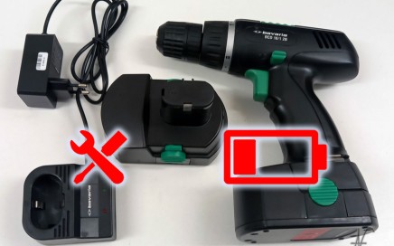 Replacing drill battery pack with lithium ion batteries, drill driver with new battery, modified charging base and 18650 Li-Ion lithium battery charger instead of Ni-Cd Ni-MH.