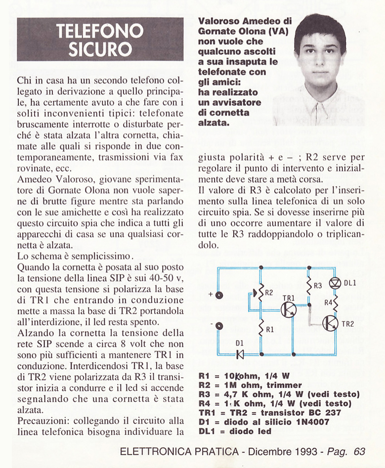 SPTEL, article, secure telephone, Elettronica Pratica, December 1993, Amedeo Valoroso