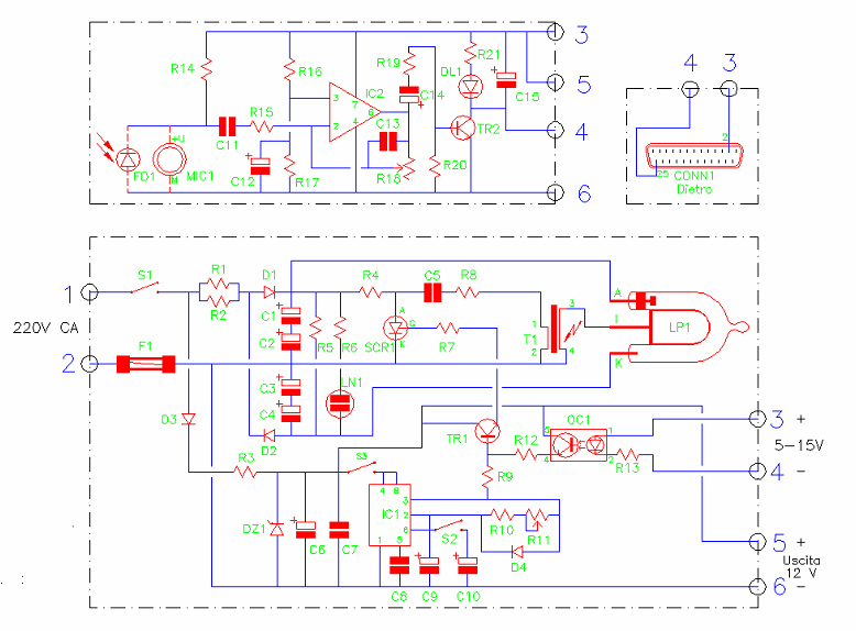 STROBO, Amedeo Valoroso, wiring diagram, xenon strobe lamp, strobe light, PC controlled, sound-controlled lamp