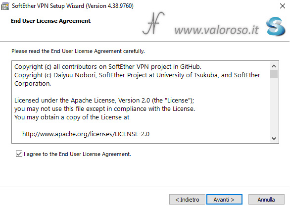 Scaricare SoftEther VPN Client Setup Wizard, end user agreement
