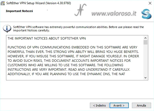 Installare SoftEther VPN Server Setup Wizard, important notices
