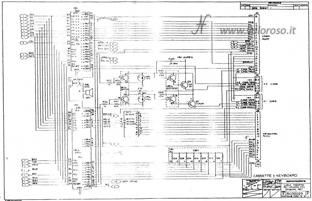 Schema elettrico tastiera cassette, user port, Commodore PET CBM 8032 CBM8032 MOS 8520 8032029