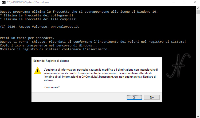 Script automatico, programma per rimuovere frecce blu, compressione collegamento, dalle icone Windows 10, BAT, batch