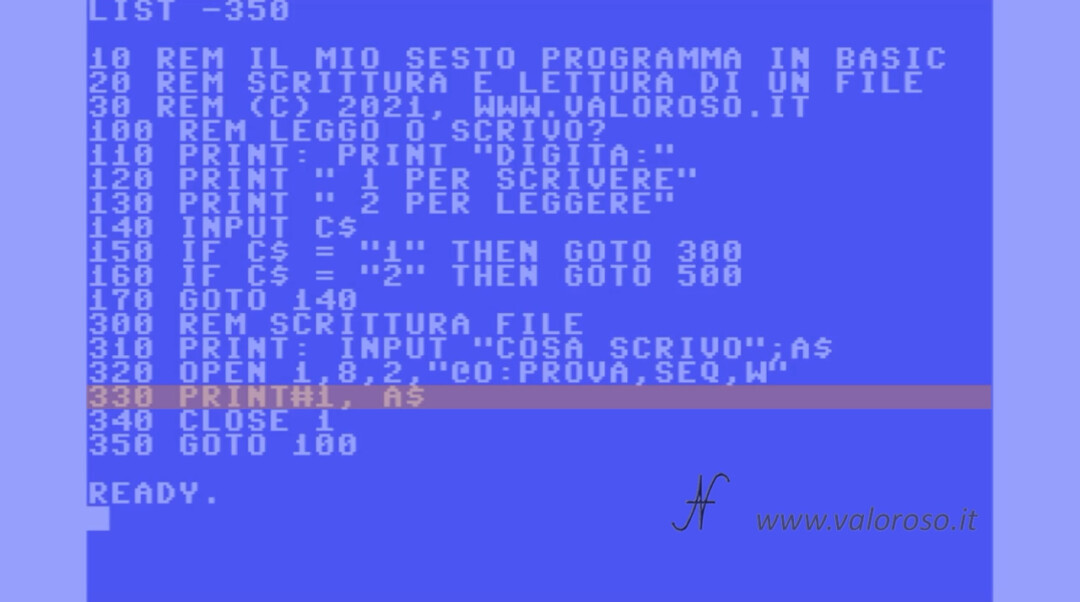 Scrivere e leggere un file in Basic, Commodore 64 128 Vic20 16 PET, scrivere una stringa su un file di testo PRINT#