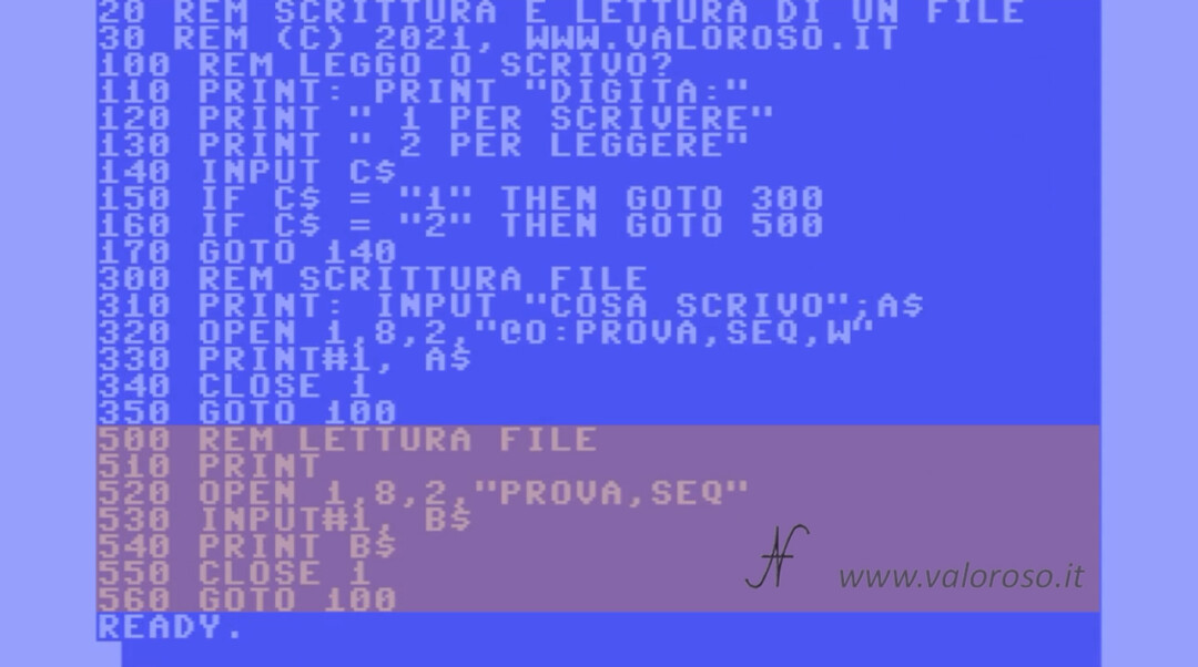 Scrivere e leggere un file in Basic, Commodore, QB64, PC-BASIC, OPEN INPUT CLOSE numero file address