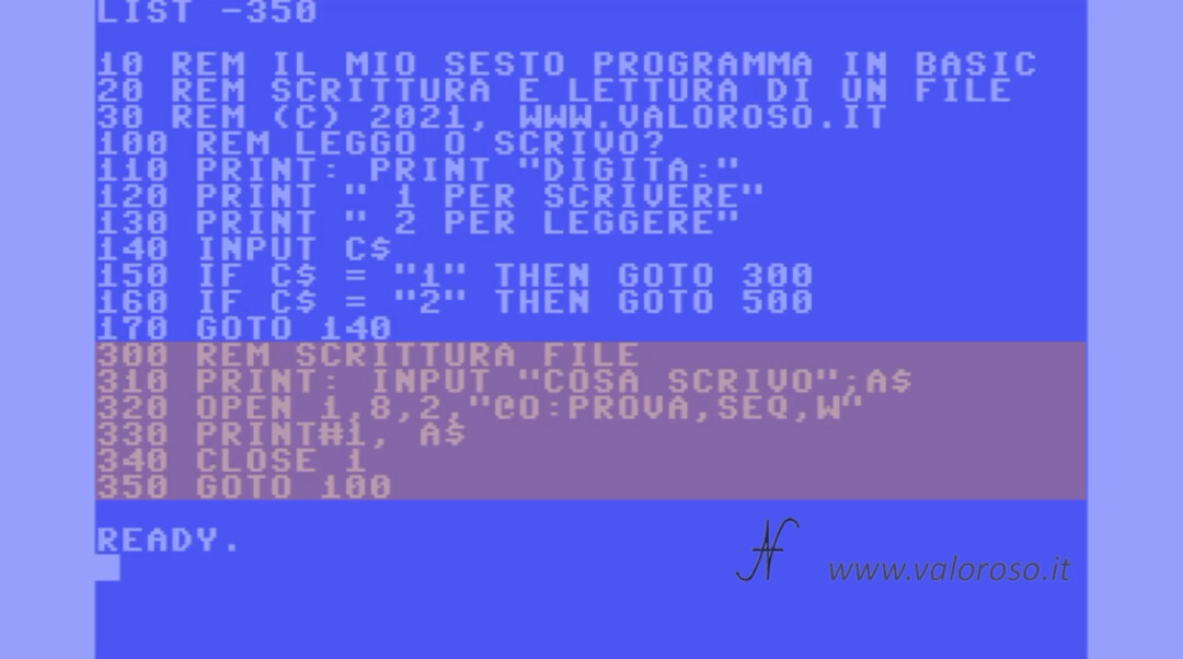 Scrivere e leggere un file in Basic, Commodore, QB64, PC-BASIC, OPEN PRINT# CLOSE numero file address