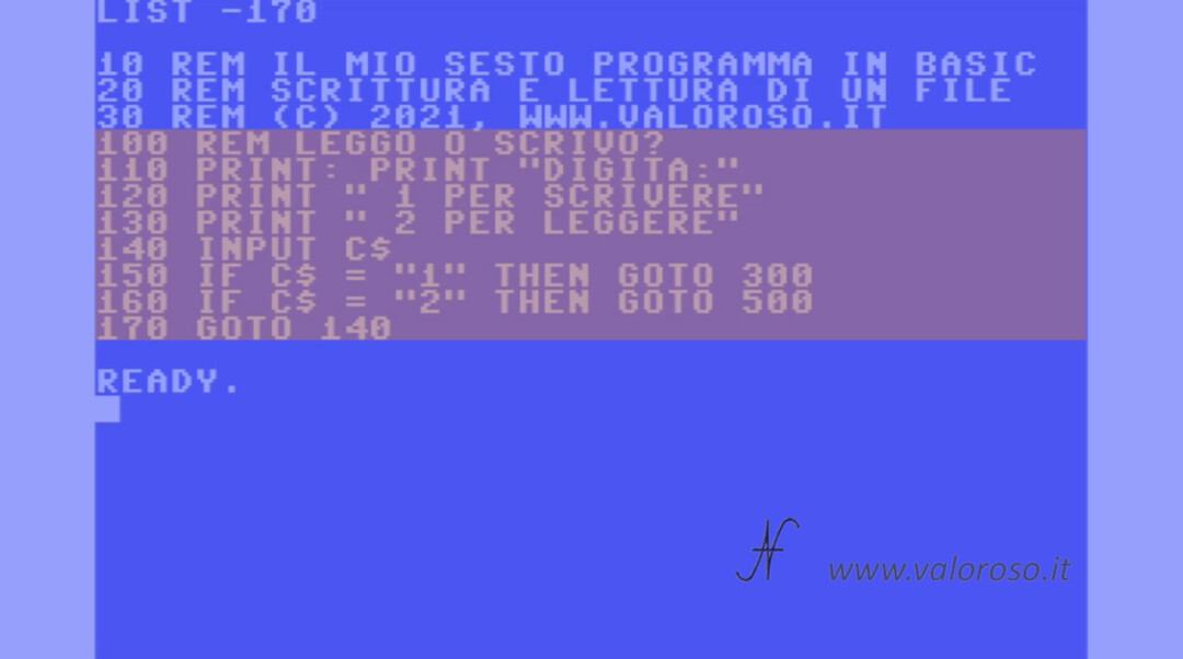 Scrivere e leggere un file in Basic, Commodore, QB64, PC-BASIC, corso programmazione Basic INPUT