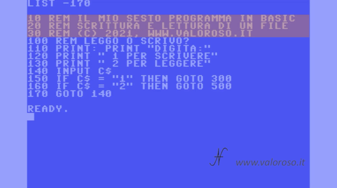 Scrivere e leggere un file in Basic, Commodore, QB64, PC-BASIC, corso programmazione Basic REM