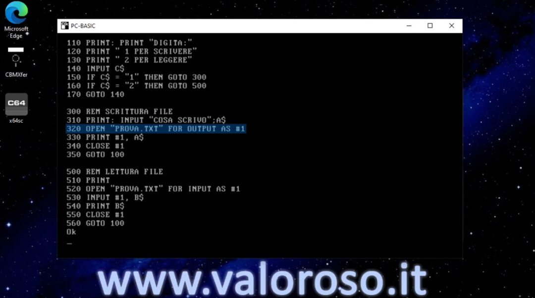 Scrivere e leggere un file in Basic, QB64, QuickBasic, GwBasic, Turbo Basic, PC-BASIC, OPEN FOR OUTPUT AS aprire un file sequenziale