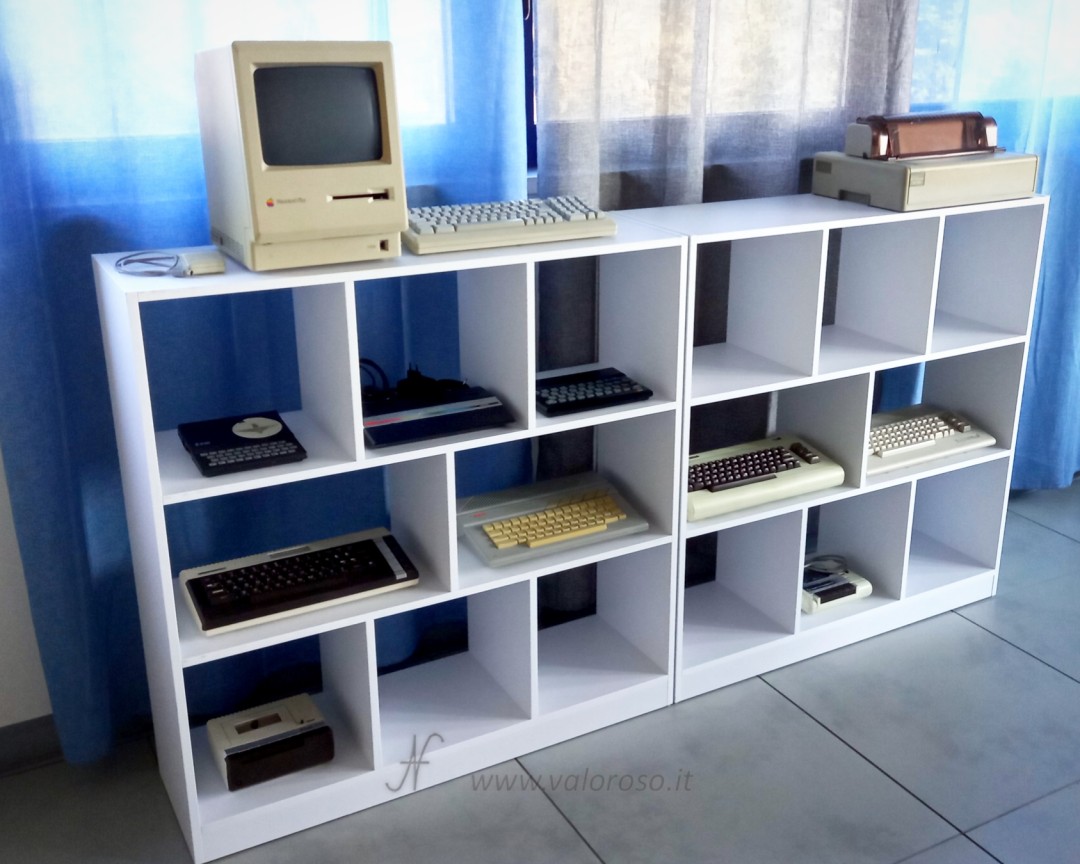 Vintage computer shelves. Displays in the office, shelves. Shelves.