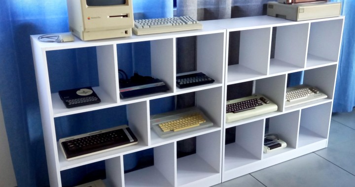 Vintage computer shelves. Displays in the office, shelves.