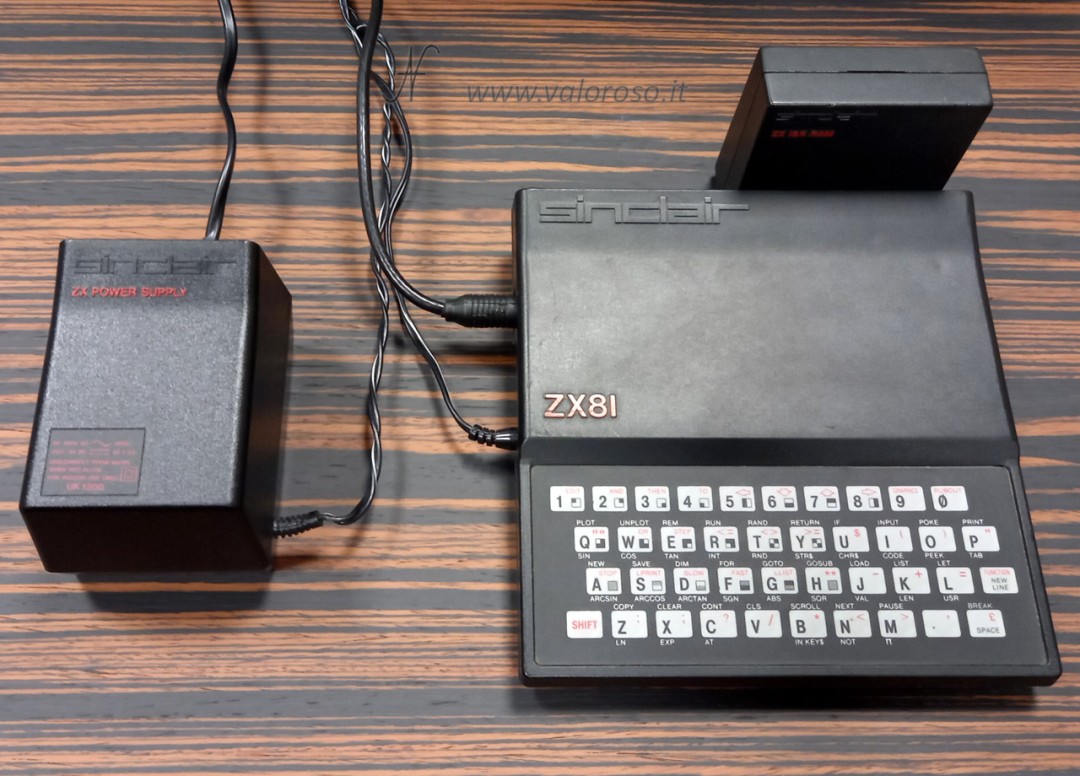 Sinclair ZX81, ZX 81, 9V power supply, transformer, RAM expansion Technical characteristics of the Sinclair ZX81 CPU: NEC μPD780C at 3.25 MHz, compatible with Zilog Z80A ROM: 8 kB RAM: 1 kB, expandable up to 64 kB Video: monochrome, text 32 columns × 24 lines, graphics 64 x 48 pixels Keyboard: QWERTY 40 keys, membrane Software included in ROM:  Sinclair BASIC Expansion ports: 1 Expansion port 1 Antenna (RF to TV connection) 2 Cassette recorder ports (out and in) Size: 16.7 cm (width) x 17.5 cm (depth) x 4 cm (height), 350 g