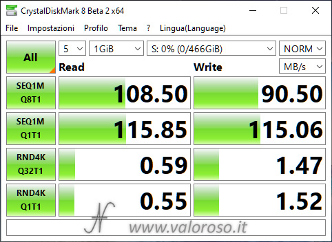 Spazi di Archiviazione, Windows 10, CrystalDiskMark performance benchmark disco 2 prima pool