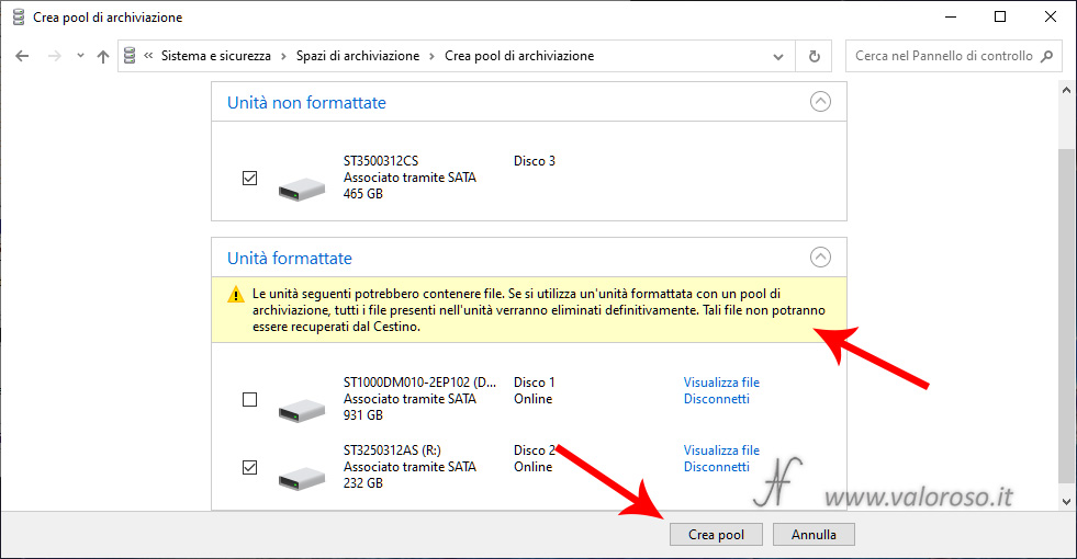 Storage Spaces Windows 10, select formatted drive, create new pool