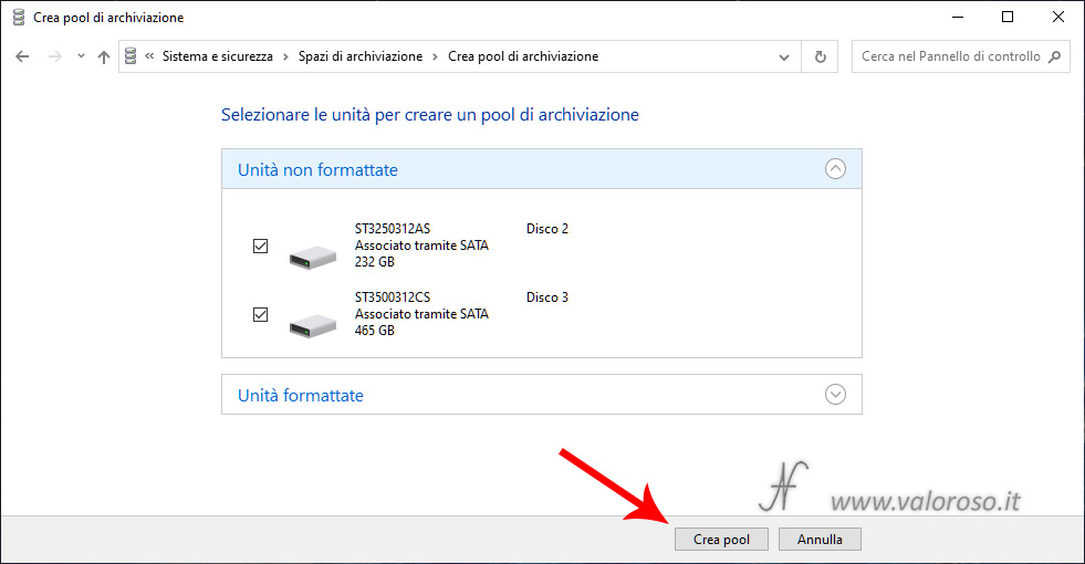 Spazi di Archiviazione Windows 10, seleziona unità hard disk, crea nuovo pool di archiviazione