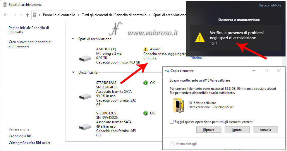 Spazi di Archiviazione Windows 10, unità mirroring con capacità superiore agli hard disk, spazio insufficiente: aggiungere hard disk