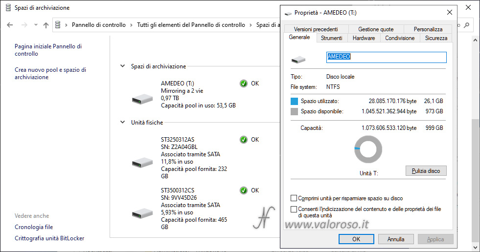 Spazi di Archiviazione Windows 10, creazione unità mirroring con capacità superiore agli hard disk