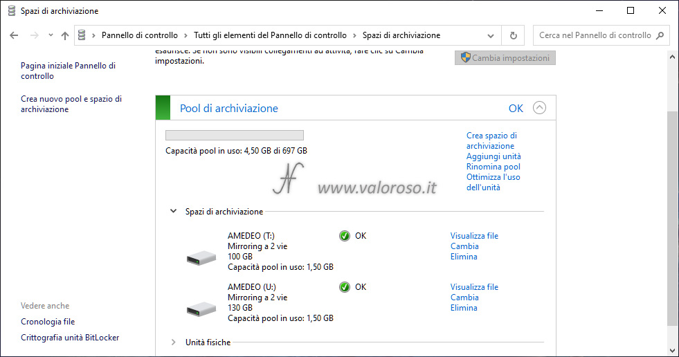 Spazi di Archiviazione, creare due unità mirroring stesso pool di archiviazione, Windows 10